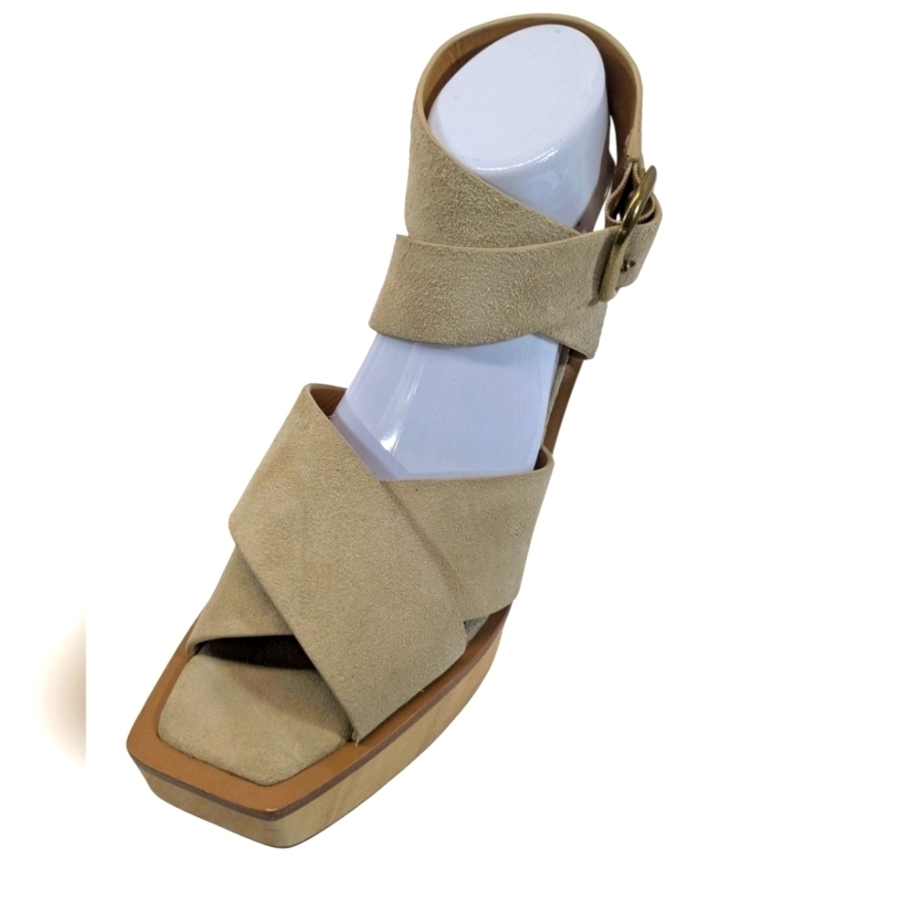 New Rag & Bone Santiago Ankle Strap Tan Suede Leather Wood Clog Sandals Size 9.5